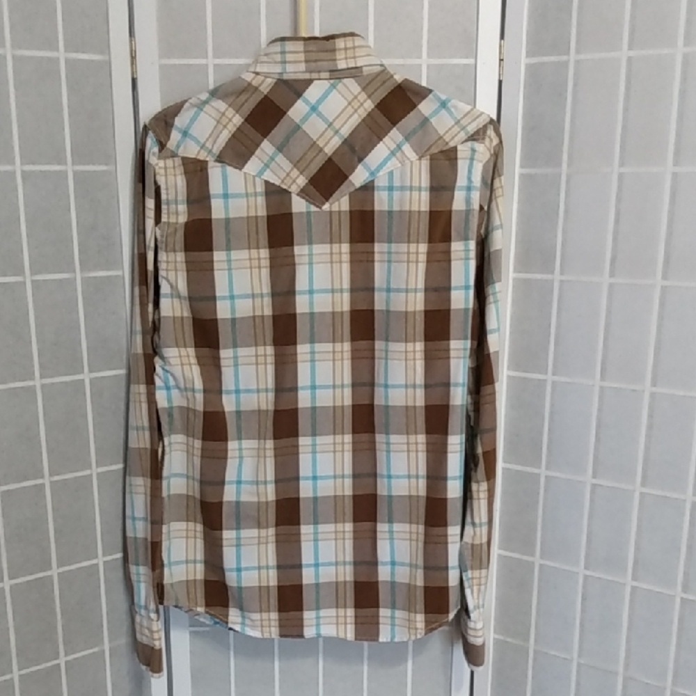 Hollister Plaid Western Snap Button Long Sleeve Shirt Men's Brown Blue White - Picture 6 of 15